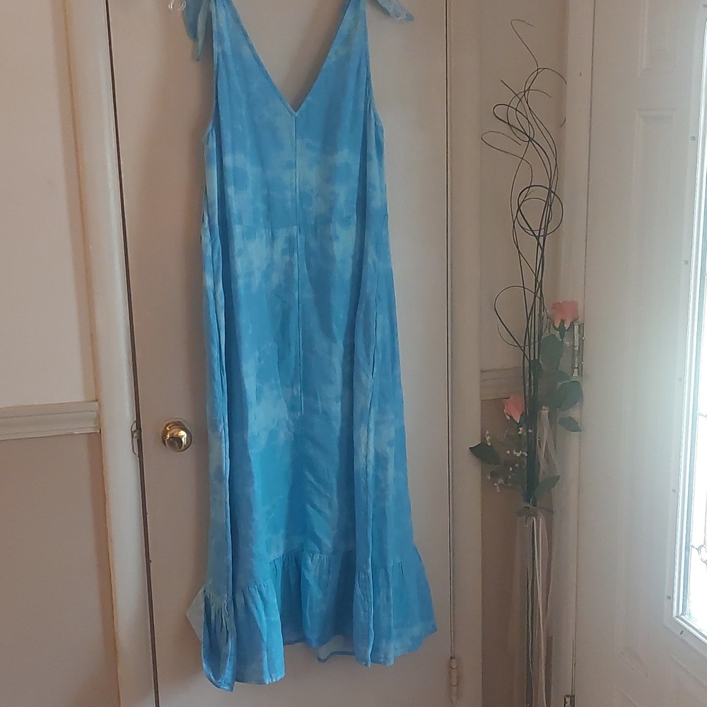 Time And Tru Blue Tie Dye Ruffle Tie Shoulder Midi Dress Sz L - Picture 3 of 17